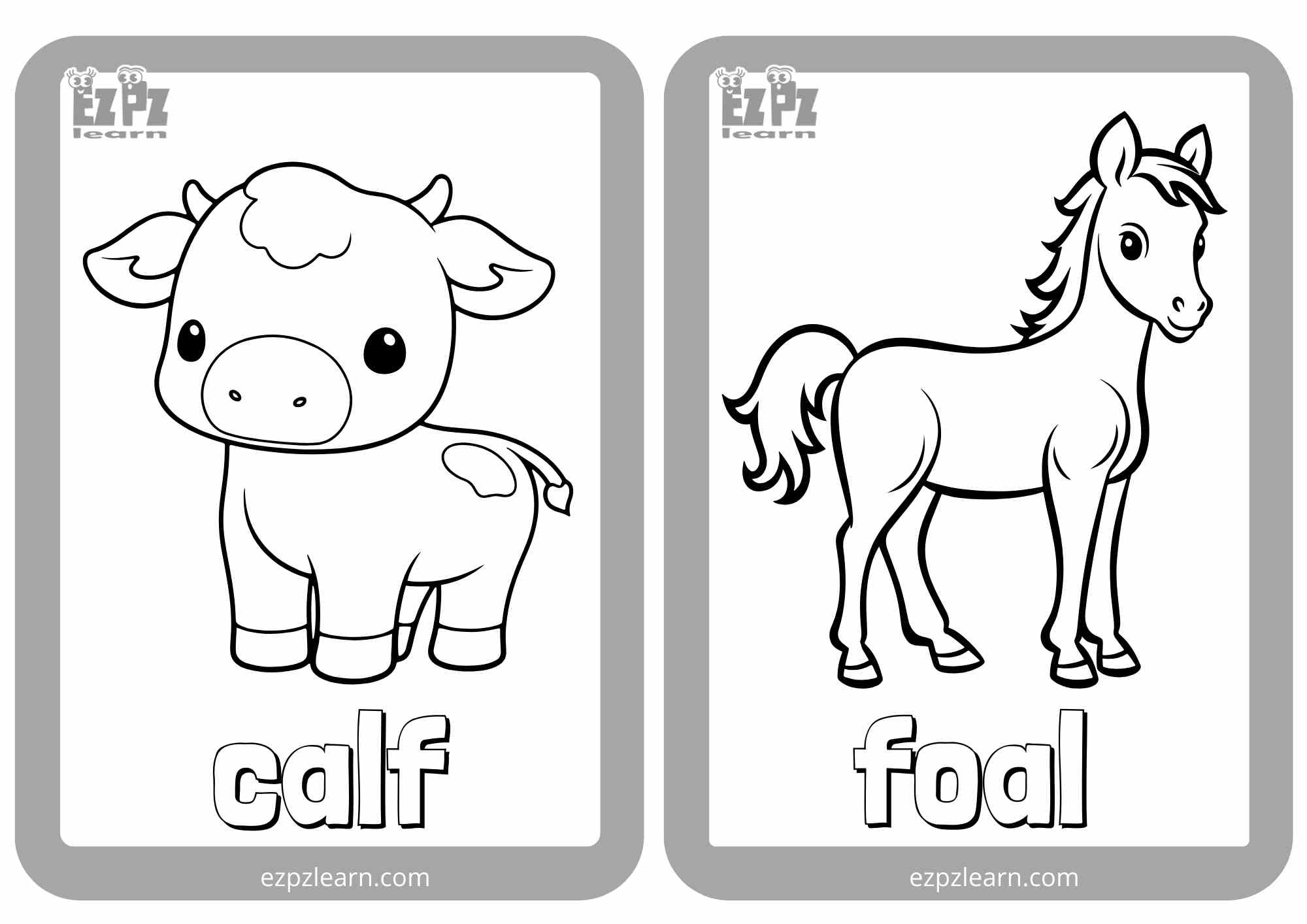 Baby Animals Half Page Flashcards for Coloring Great for Kindergarten
